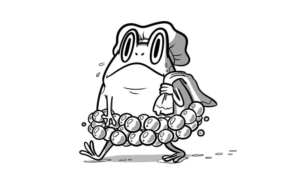Soggy Froggy: a frog in a shower cap with a towel and a bubble ring